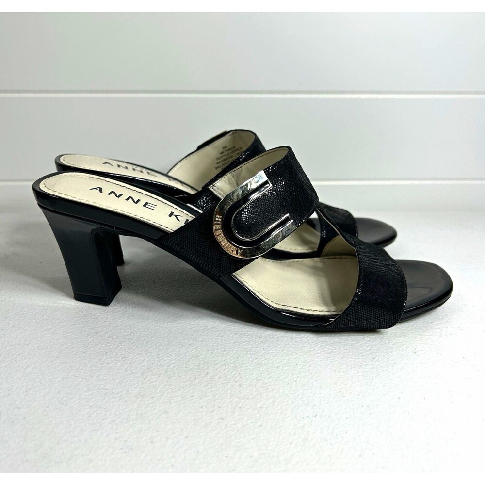 Anne Klein Women’s Black Slide Sandals Size 8M Logo Buckle Slip-On Textile
